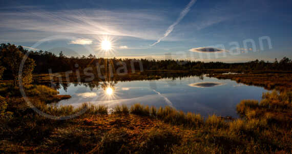 See, Sonne, Knuthöjdsmossen, Schweden Kleiner See in Mittelschweden
